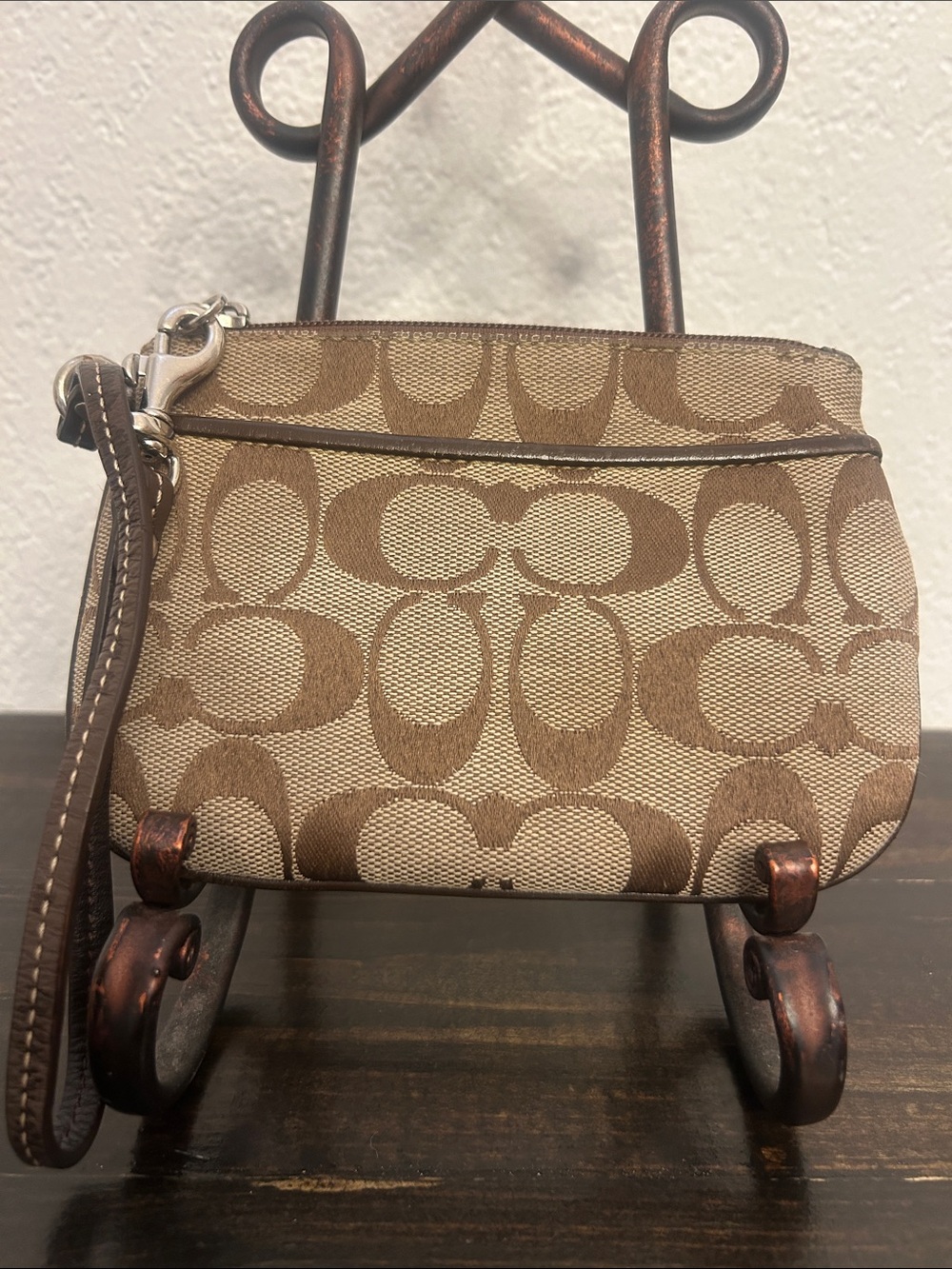 Coach Canvas Signature C Design Wristlet with Leather Trim and Strap